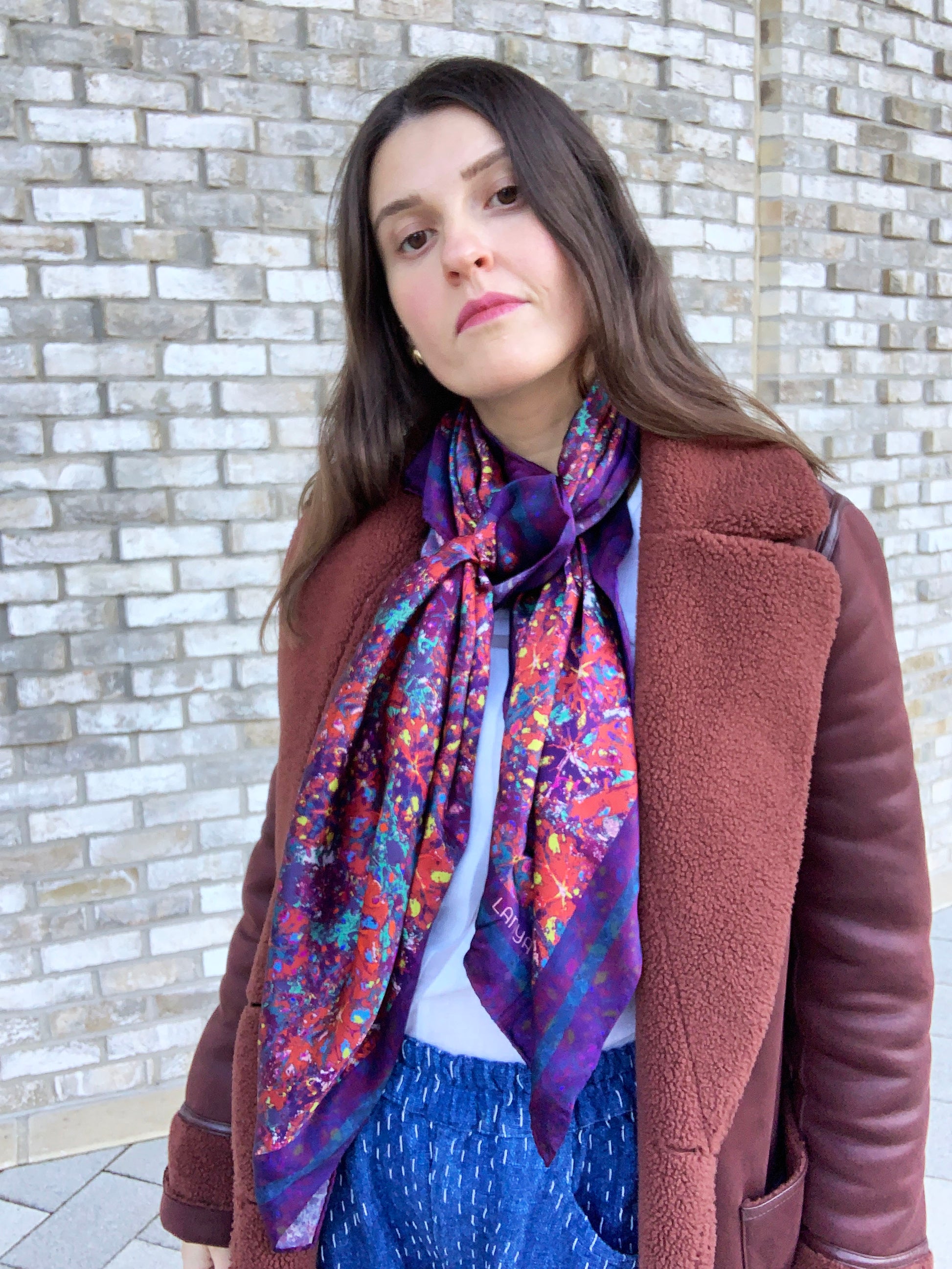 LANYA TROPICANA SUNDOWN REEF PRINT ORGANIC SILK SCARF WORN