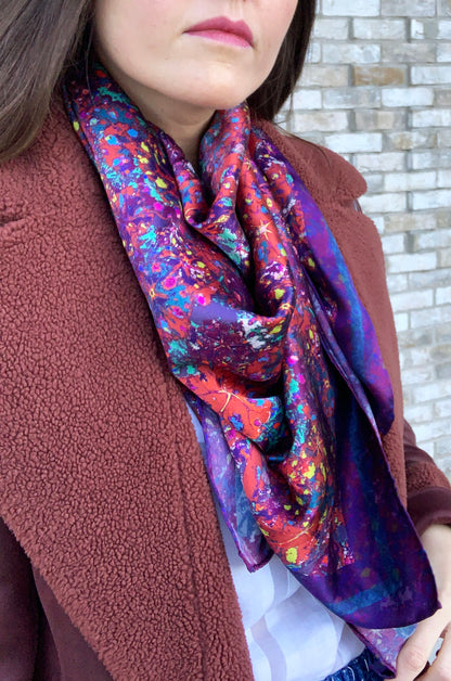 LANYA TROPICANA SUNDOWN REEF PRINT ORGANIC SILK SCARF WORN UPCLOSE PATTERN DETAIL