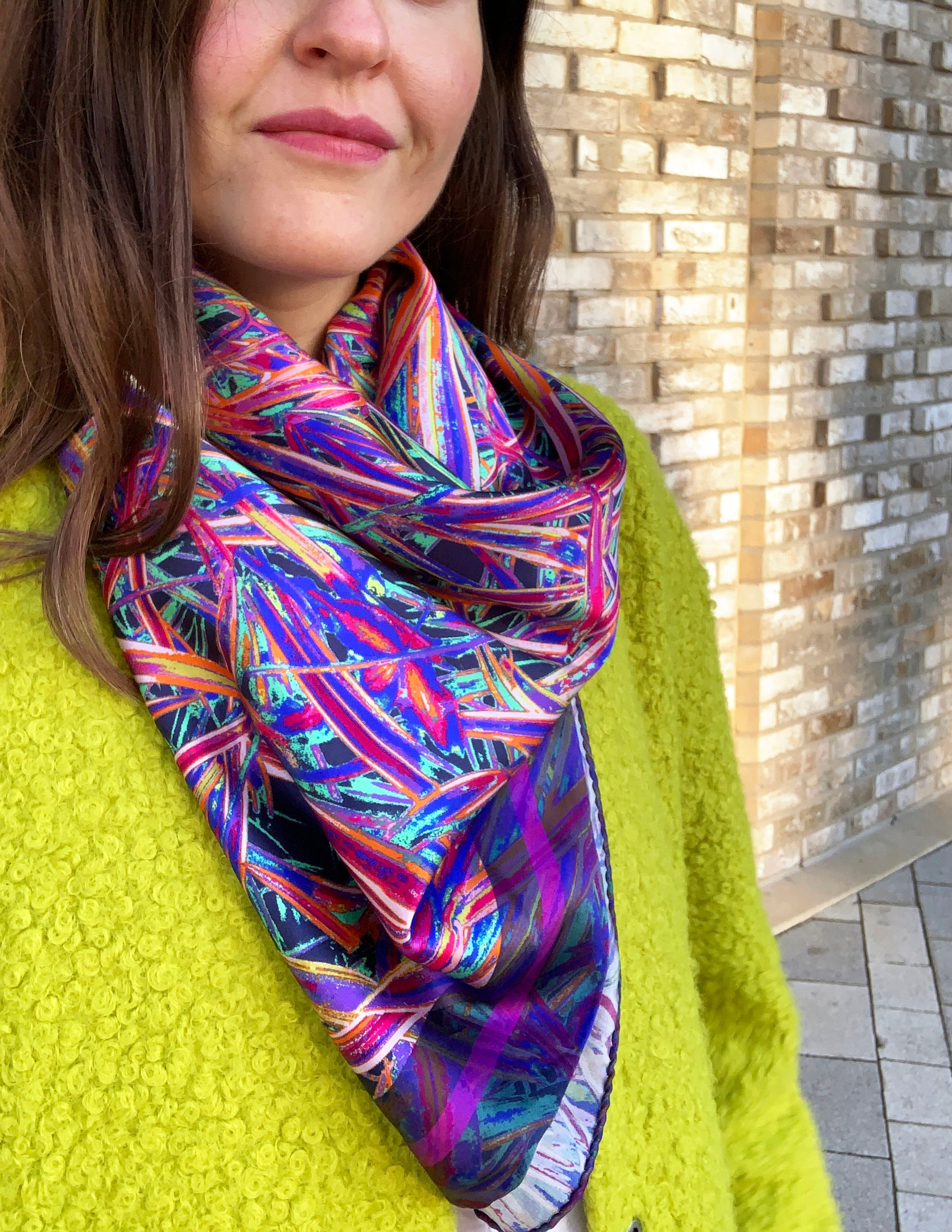 LANYA TROPICANA ZEST JUNGLE PRINT ORGANIC SILK SCARF WORN NECKERCHIEF UPLOSE